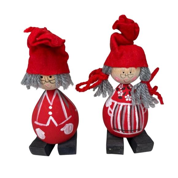 Vintage Swedish Wooden Tomte Gnome Couple Figurines Christmas Scandinavian 5 in - Picture 1 of 7